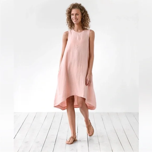 Magic Linen Royal Toscana Asymmetrical Sleeveless Pink Oversized Dress Pockets S - Picture 2 of 10